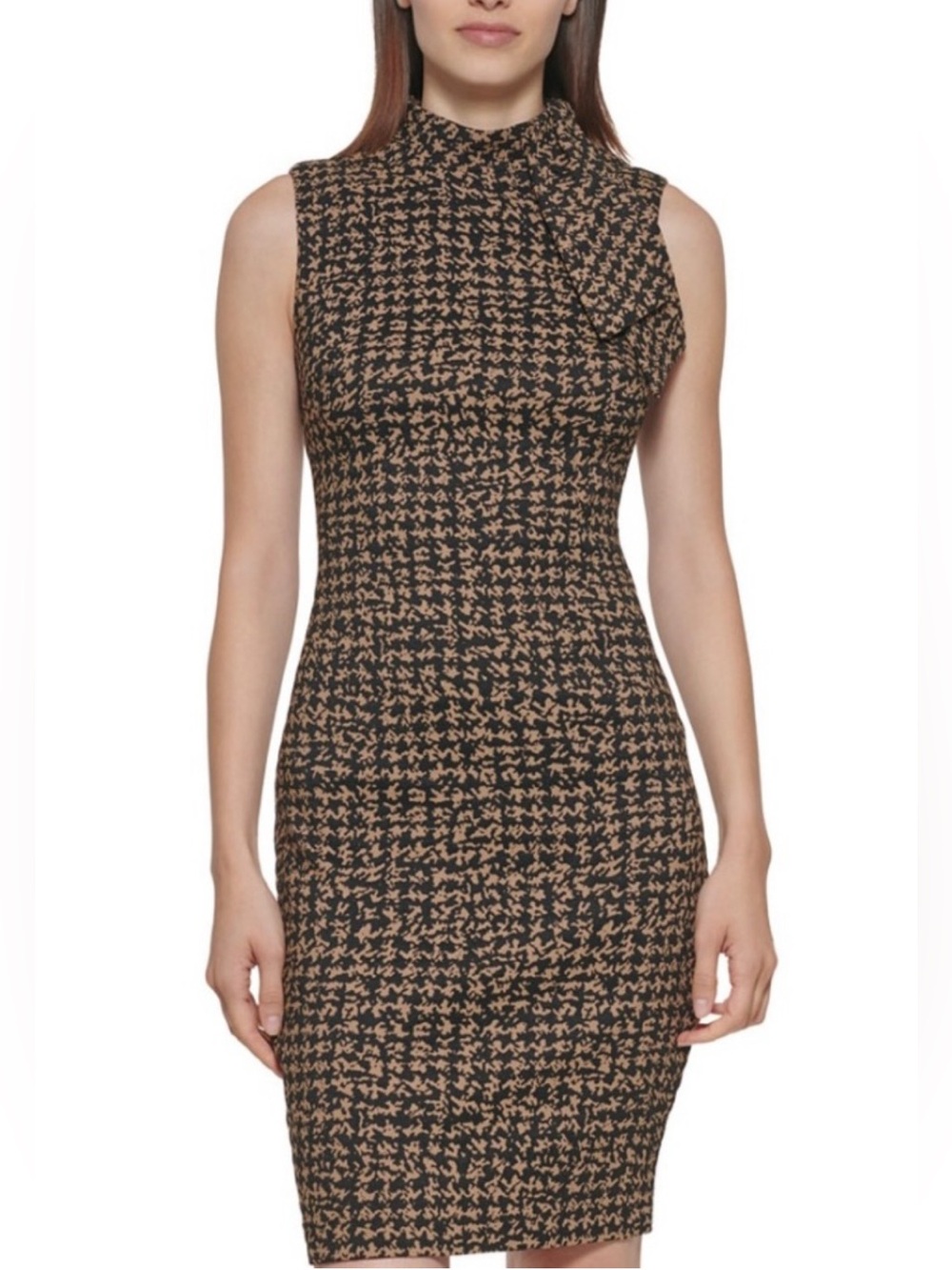 Calvin Klein Sleeveless Mock Neck w/ Bow Jacquard Houndstooth Sheath Dress NWT